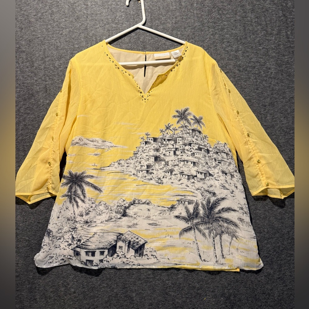 Alfred Dunner Blouse Top Womens 20W yellow beach graphic Hawaiian flowy light